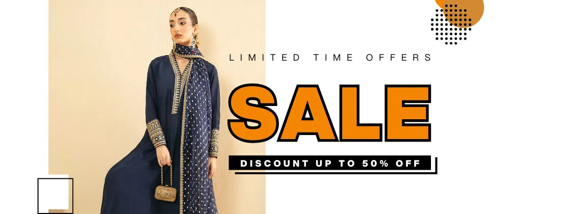 Woman in a blue outfit with a sale banner on a beige background