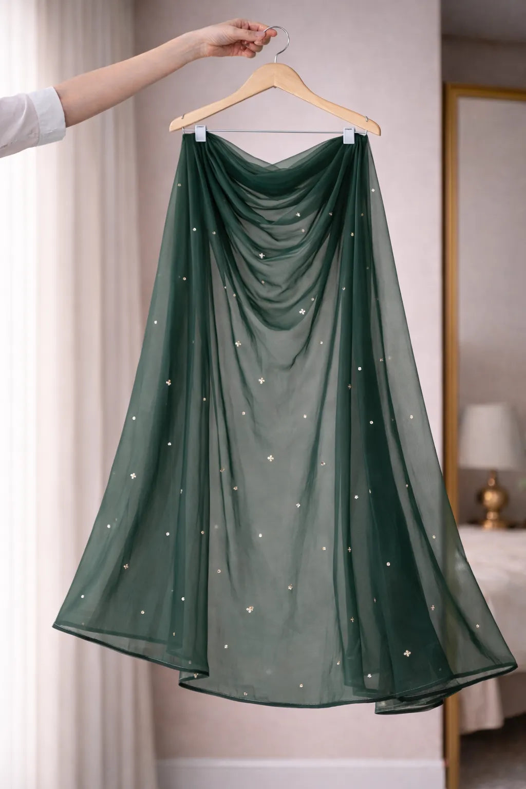 Green sheer fabric with star patterns on a hanger against a neutral background