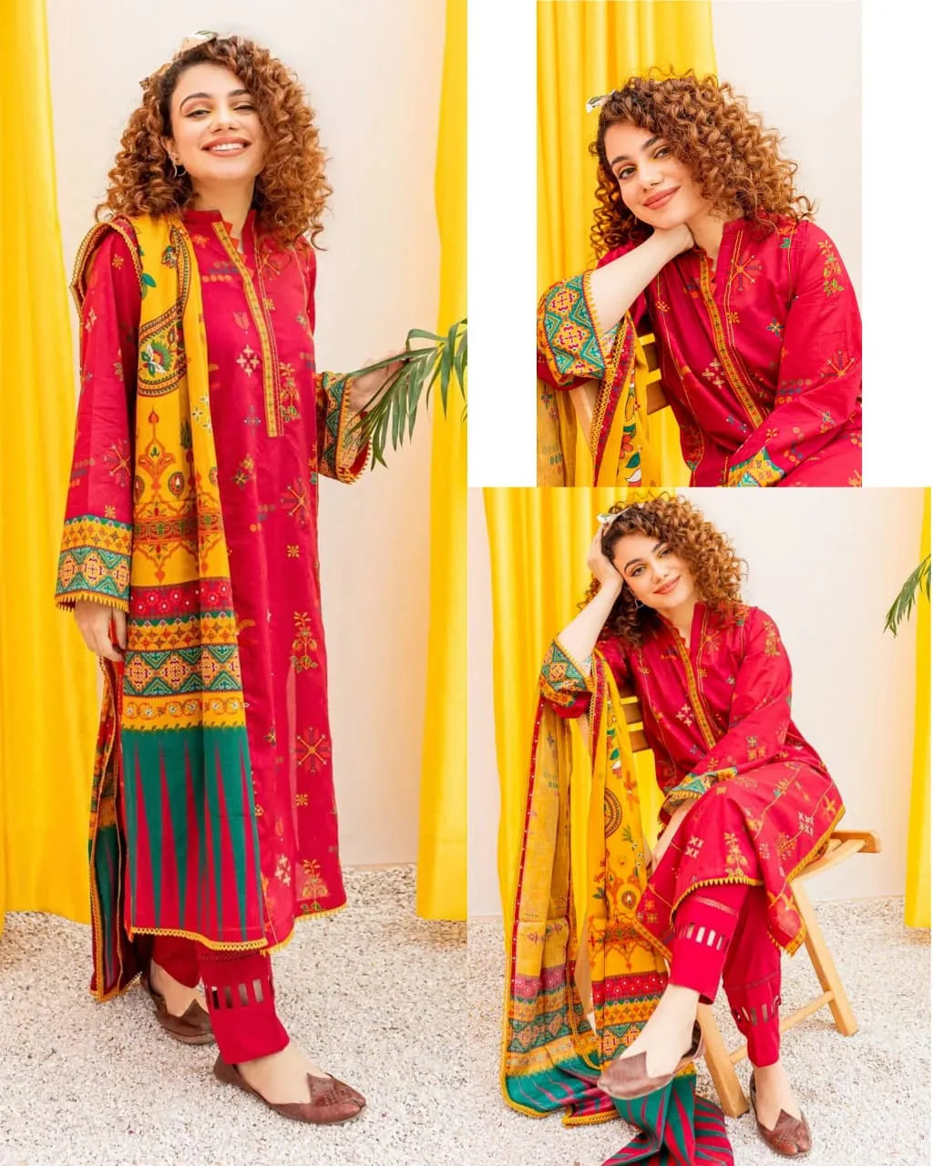 Woman in a red and yellow traditional outfit with intricate patterns against a yellow curtain.